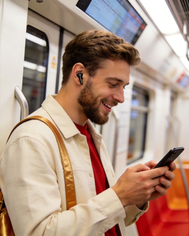 Man with wireless earbuds smiling at his phone as he practices Chinese on a metro train