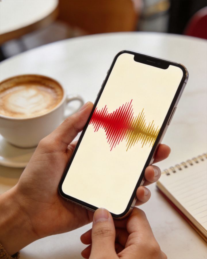 Hands holding a smartphone that shows a red and gold voice waveform, next to a latte in a café