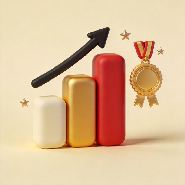 3D illustration of a rising bar chart with an arrow, a gold medal and stars, representing a progress report